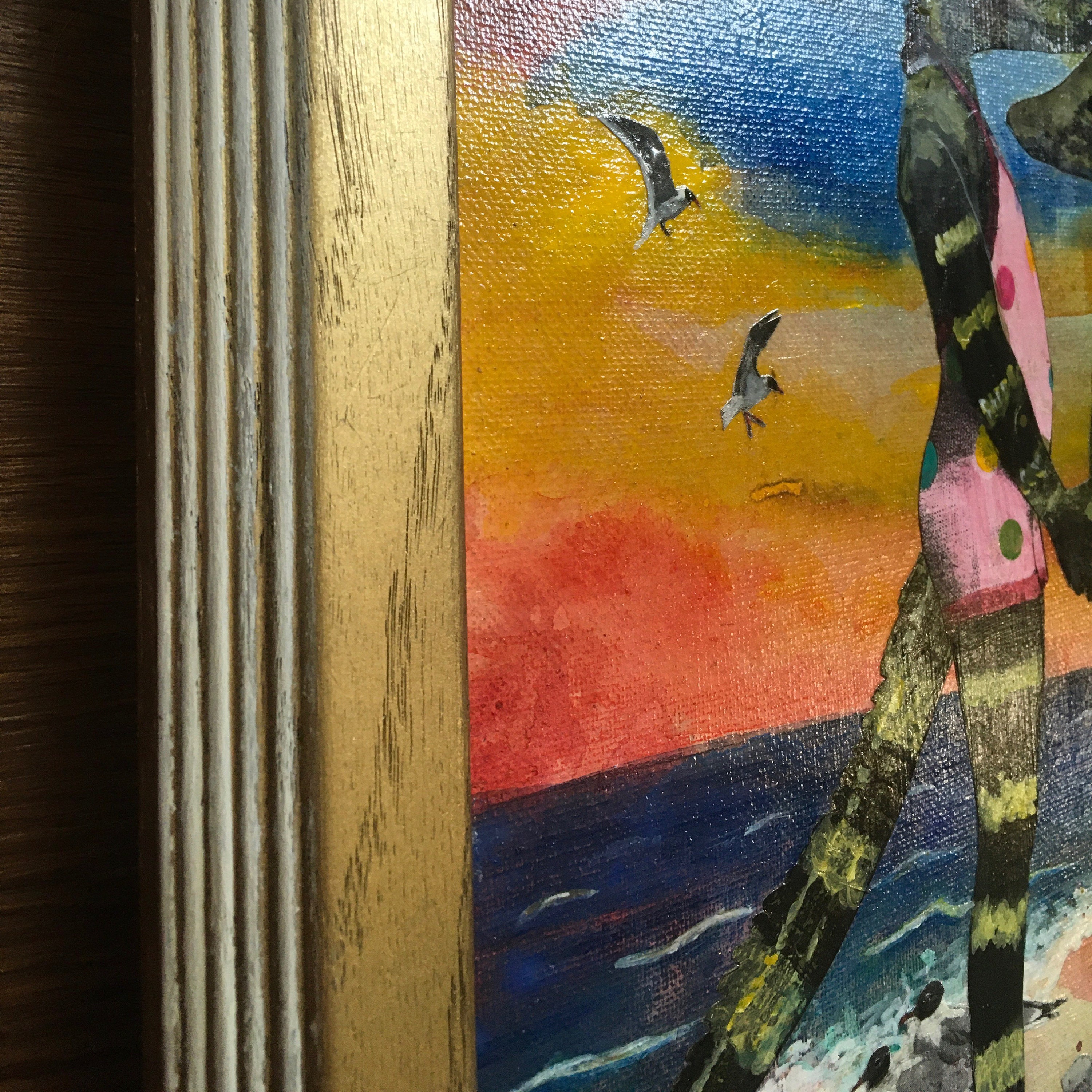 Alligator Florida Painting, Original Animal Gift, Collage Wall Art, Mixed Media Animal Art, Vintage Sunset Painting, Weird Art on Canvas - Thumbnail 3