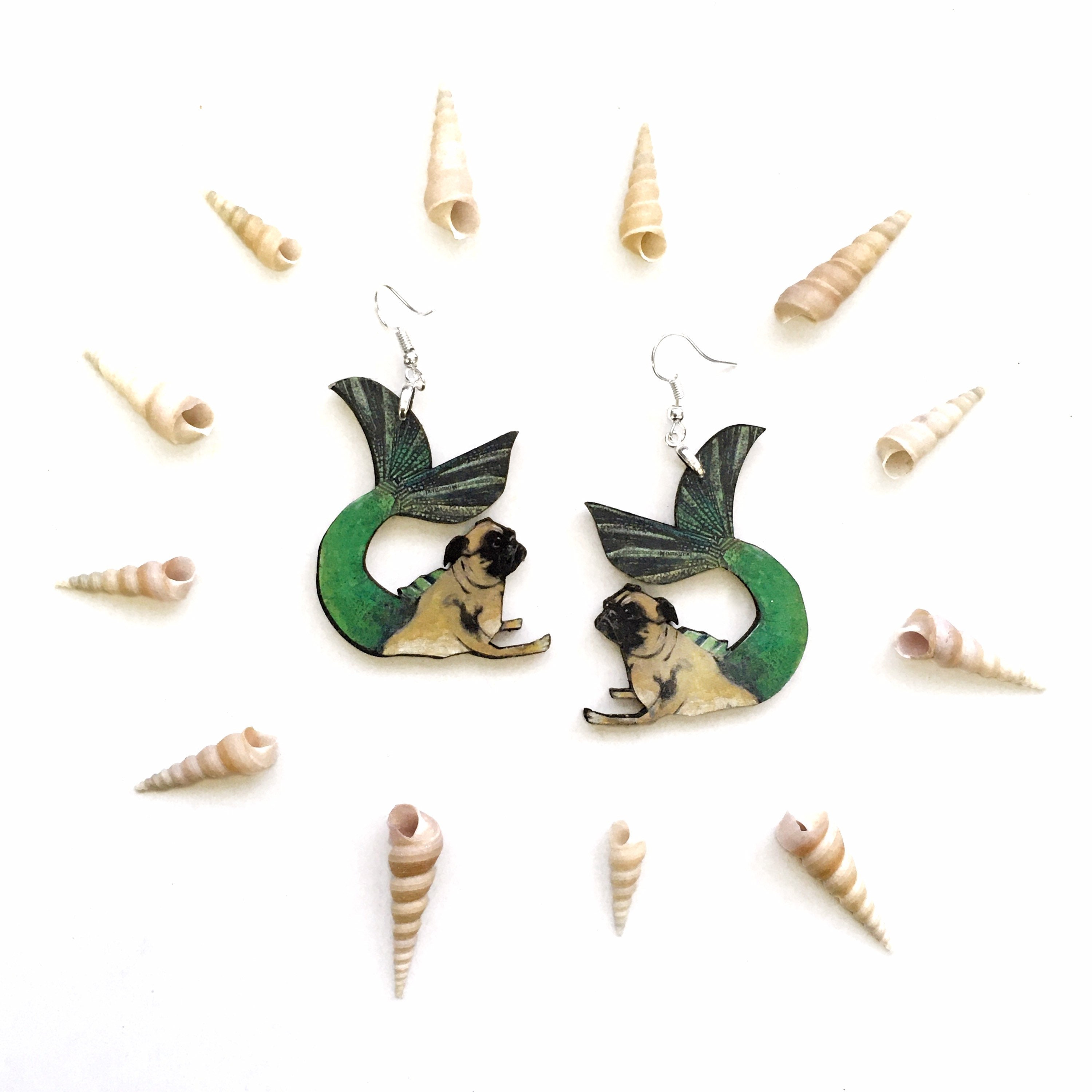 Mermaid Pug Earrings, Weird Earrings, Kitsch Earrings, Dog Jewelry Laser Cut Wood Dangle Earrings, Illustrated Retro Fawn Pugs - Thumbnail 4