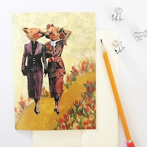 Geïllustreerde Lesbische Kaart, Kissing Gay Foxes wenskaarten, lesbische huwelijksverjaardag, vrouwen huwelijk, LGBTQ LGBT Queer biseksuele liefde