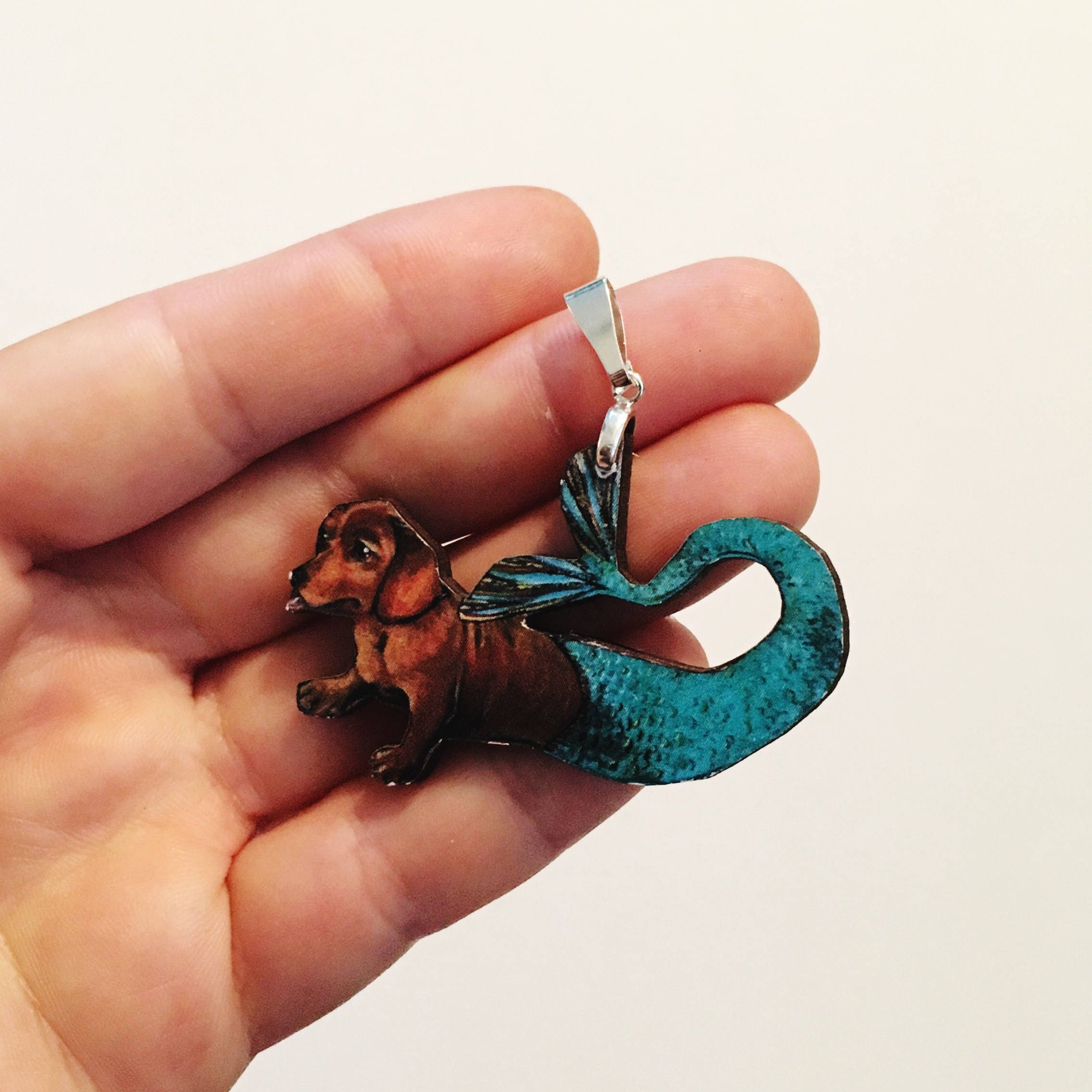 Dachshund Pendant Necklace, Weird Mermaid Dachshund Jewelry, Laser Cut Wood Animal Gift, Illustrated Dog Gifts, Animal Rescue, Pet Memorial - Thumbnail 2