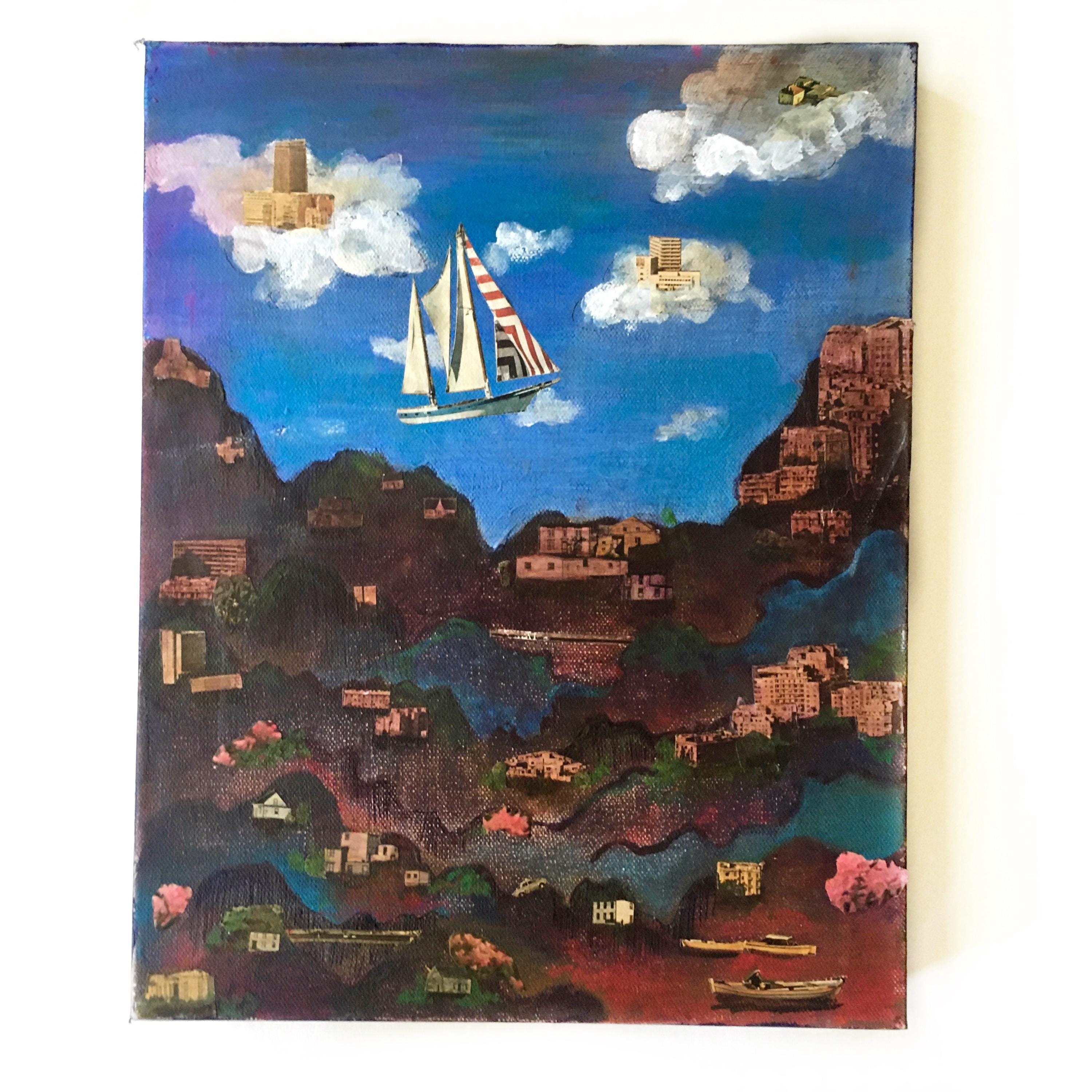 Sailing Abstract Painting, Mountain Landscape Cave Inspired Colorful Mixed Media Art, Collage Wall Painting, Original Acrylic Wall Art