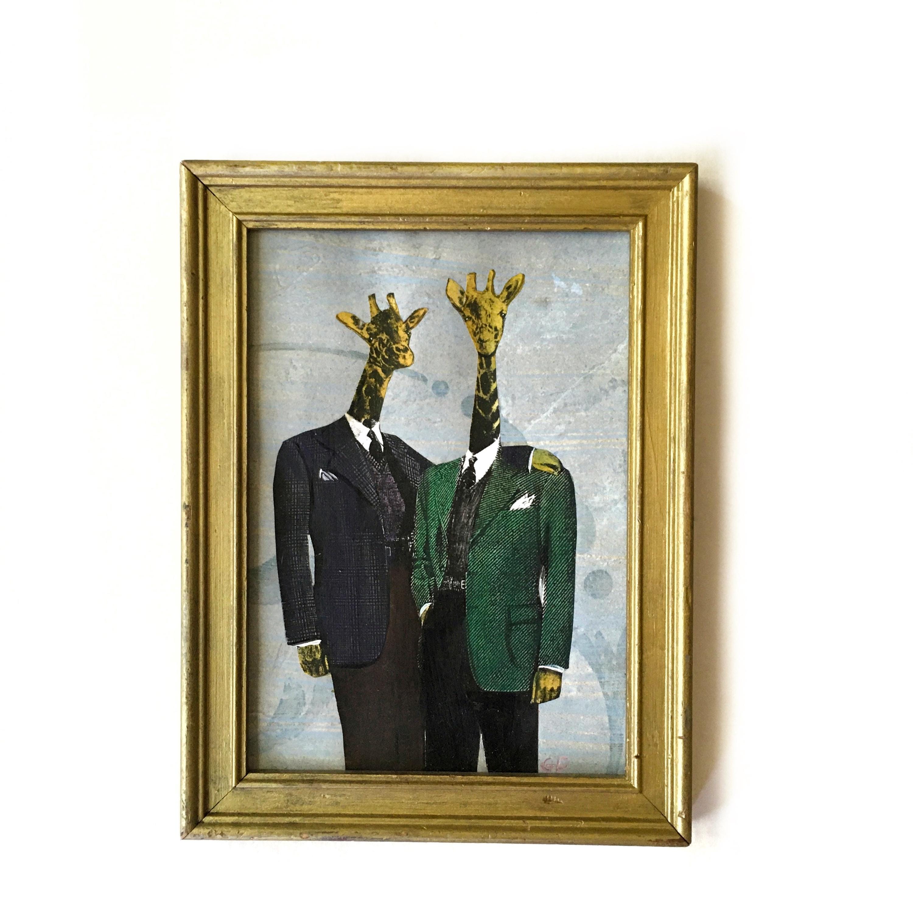 Gay Giraffes Art, Mini Painting, Vintage Inspired Mixed Media Art, Collage Wall Painting, Original Acrylic Artwork, Weird Animal Lover Gift