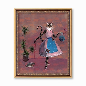 Vintage Cat Art Print, Kitschy Retro Fashion Housewarming Gift, Weird Art, Kitsch Decor Gifts, Collage Illustration for Cat Moms, Pink Room