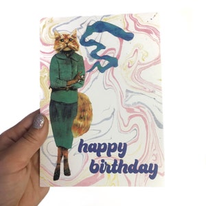 Cartão de gato estranho, arte de cannabis de aniversário, 420 artigos de papelaria de maconha amigáveis, animais vestidos, moda vintage surreal retrô senhora de gato louco