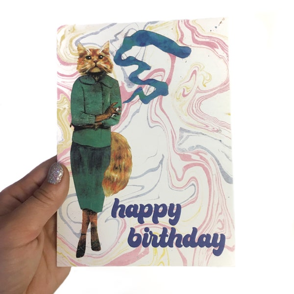 Weird Cat Card, Birthday Cannabis Art, 420 Friendly Marijuana Stationery, Dressed Up Animals, Surreal Vintage Fashion Retro Crazy Cat Lady