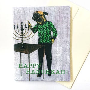 Pug Hanukkah Card or Card Set, Jewish Pug Dog, Weird Unique Chanukah Cards, Jew Holiday Papeterie, Funny Surreal Fancy Animals, Wholesale
