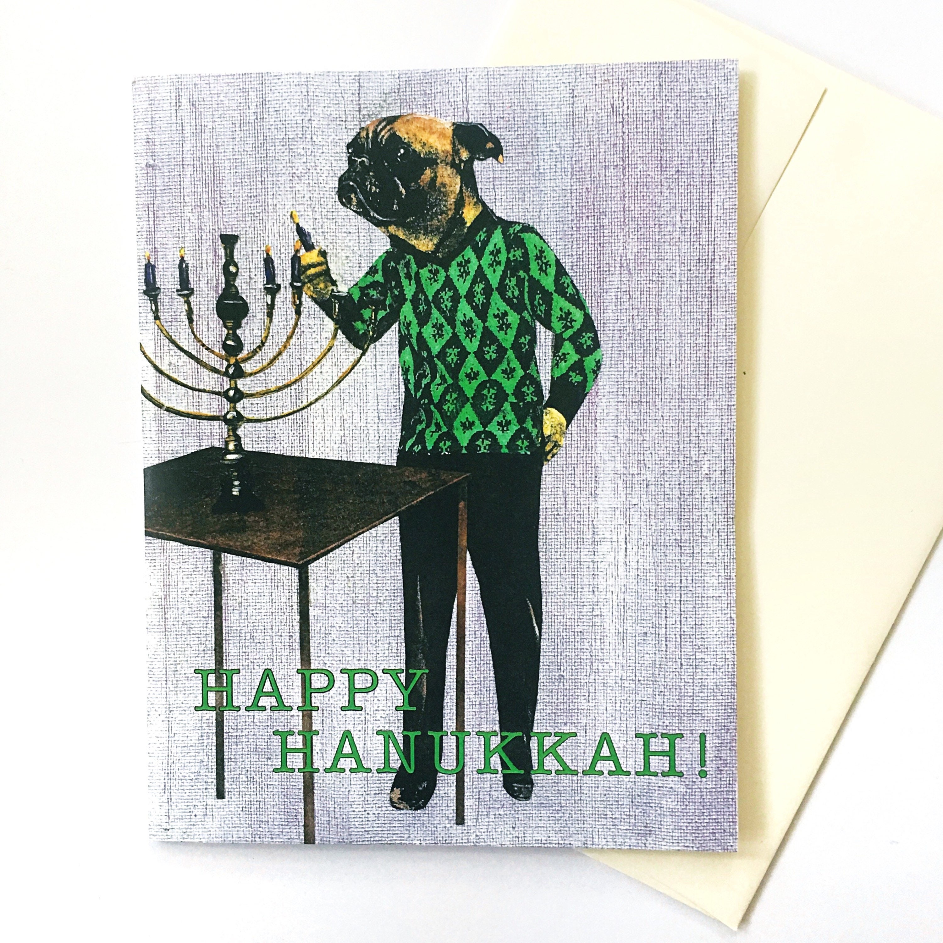 Pug Hanukkah Card or Card Set, Jewish Pug Dog, Weird Unique Chanukah Cards, Jew Holiday Stationery, Funny Surreal Fancy Animals, Wholesale