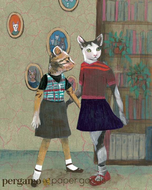 Cat Friends Print, 8x10 Cat Wall Art, Retro Cat Lover Decor, Sister Cats,  Lesbian Art Lesbian Gift, Lesbian Marriage Gift LGBTQ Art Giclee