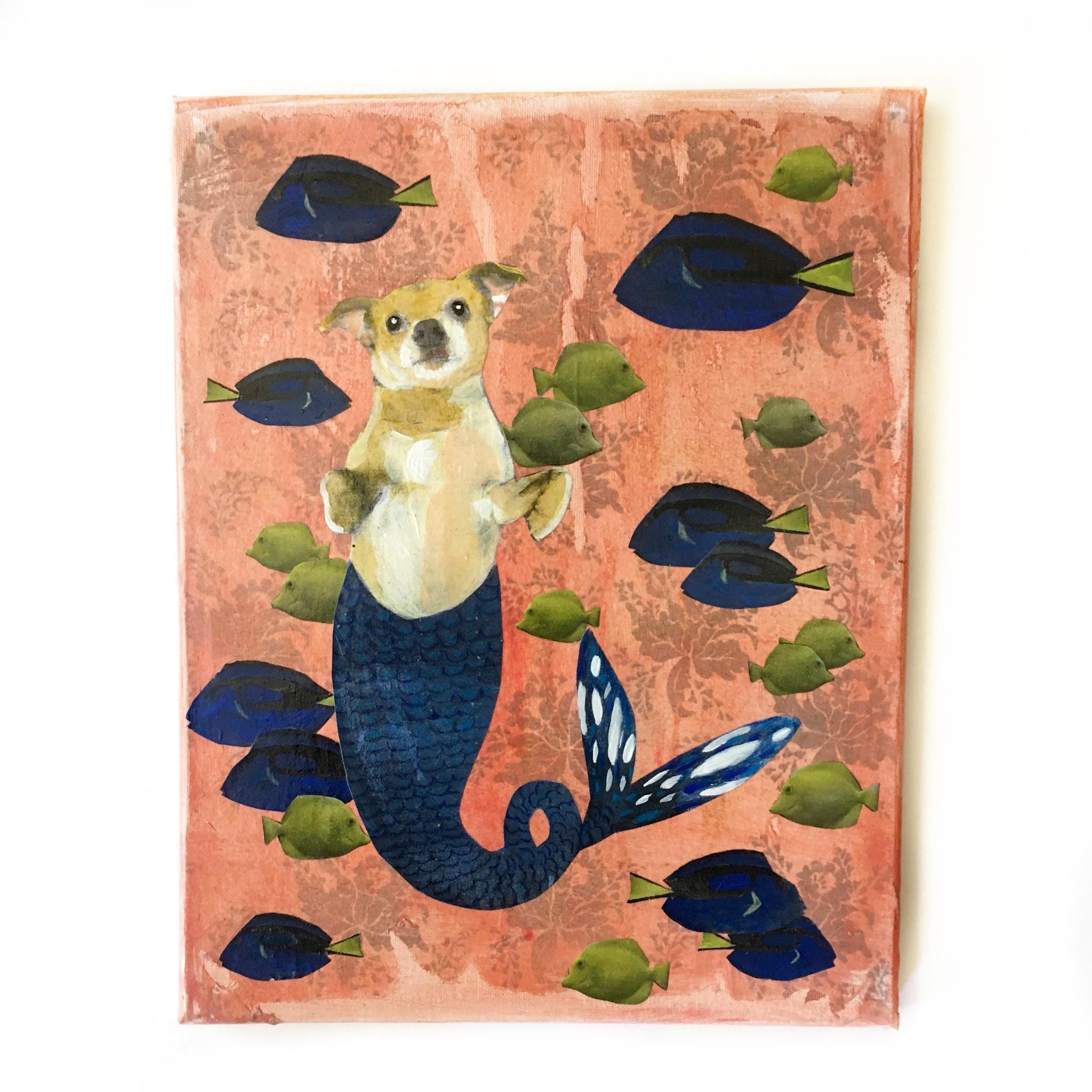 Chihuahua Mermaid Painting, Retro Inspired Mixed Media Art, Collage Dog Wall Painting, Original Acrylic Wall Art, Weird Animal Lover Gift