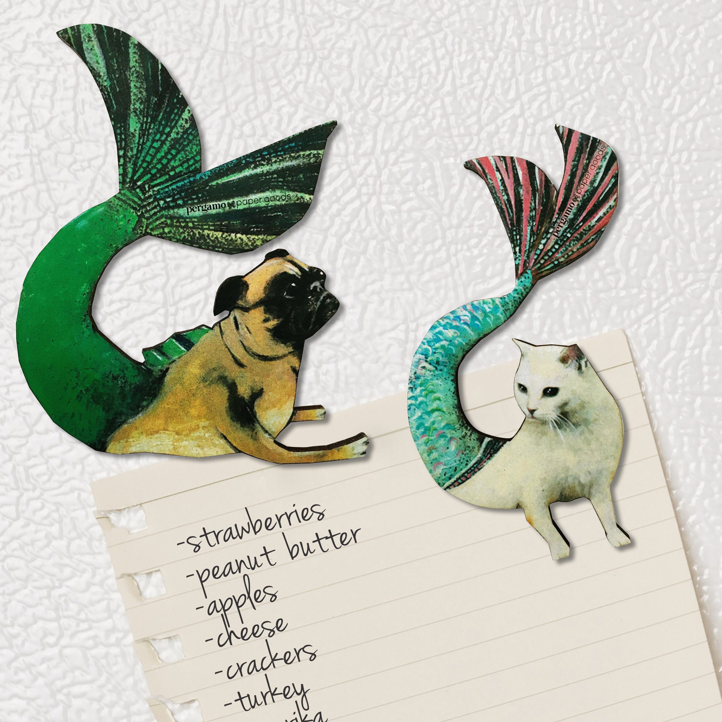 Mermaid Magnet Set | Cat Magnet  | Pug Magnet | Animal Refrigerator Magnets | Illustrated Wood Magnet | Laser Cut Wood Kitchen Gift