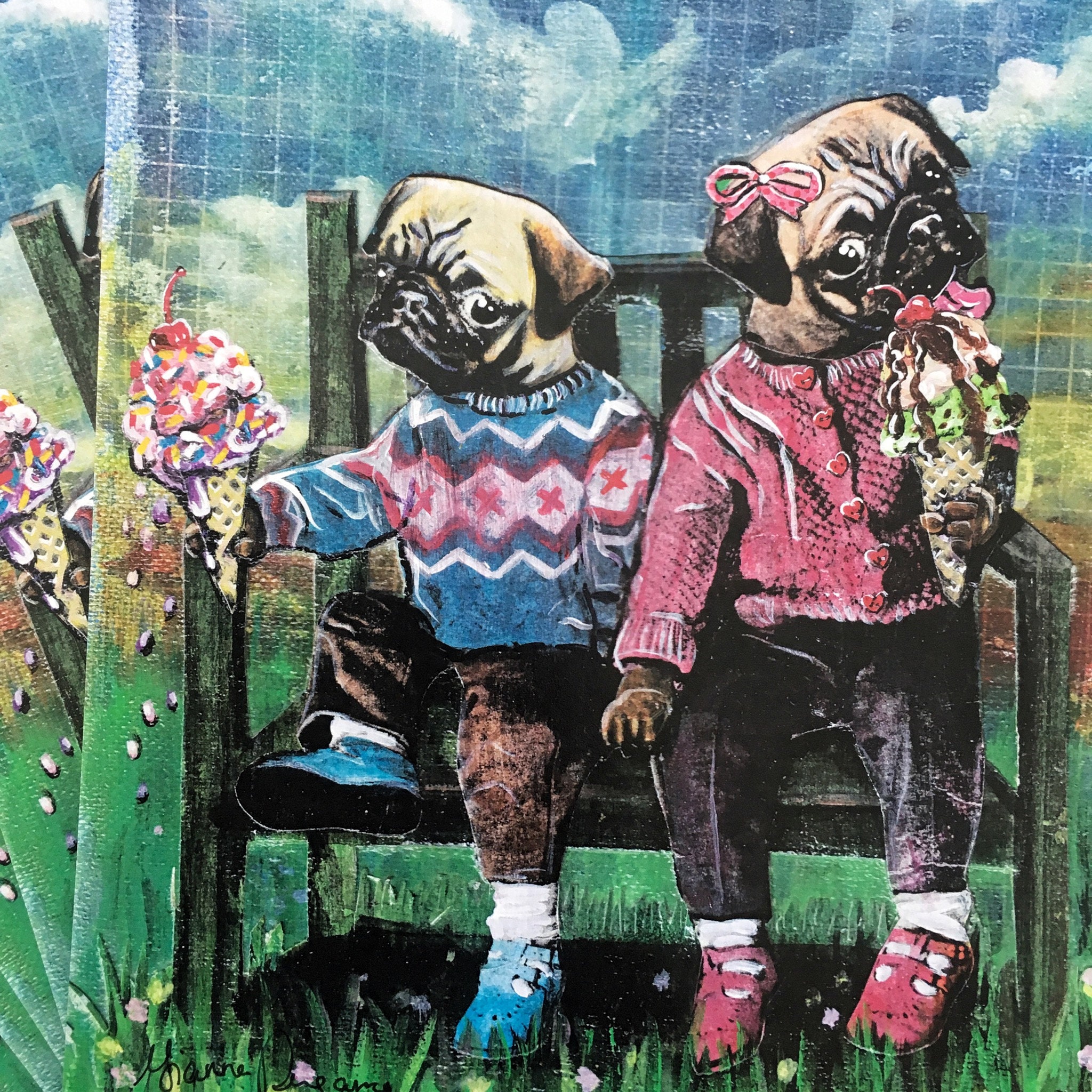 Pug Art Print, 8x10 Weird Pugs Wall Art, Ice Cream Art, Kitschy Vintage Children’s Room Decor, Pug Lover Gift, Mixed Media, Animal Rescue - Thumbnail 3