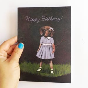 Geburtstag Dackel Karte, Hund Grußkarten, leere einzigartige handgemachte Dackel Kunst, seltsame Illustration Doxie Rettung Tier Vintage Tiere