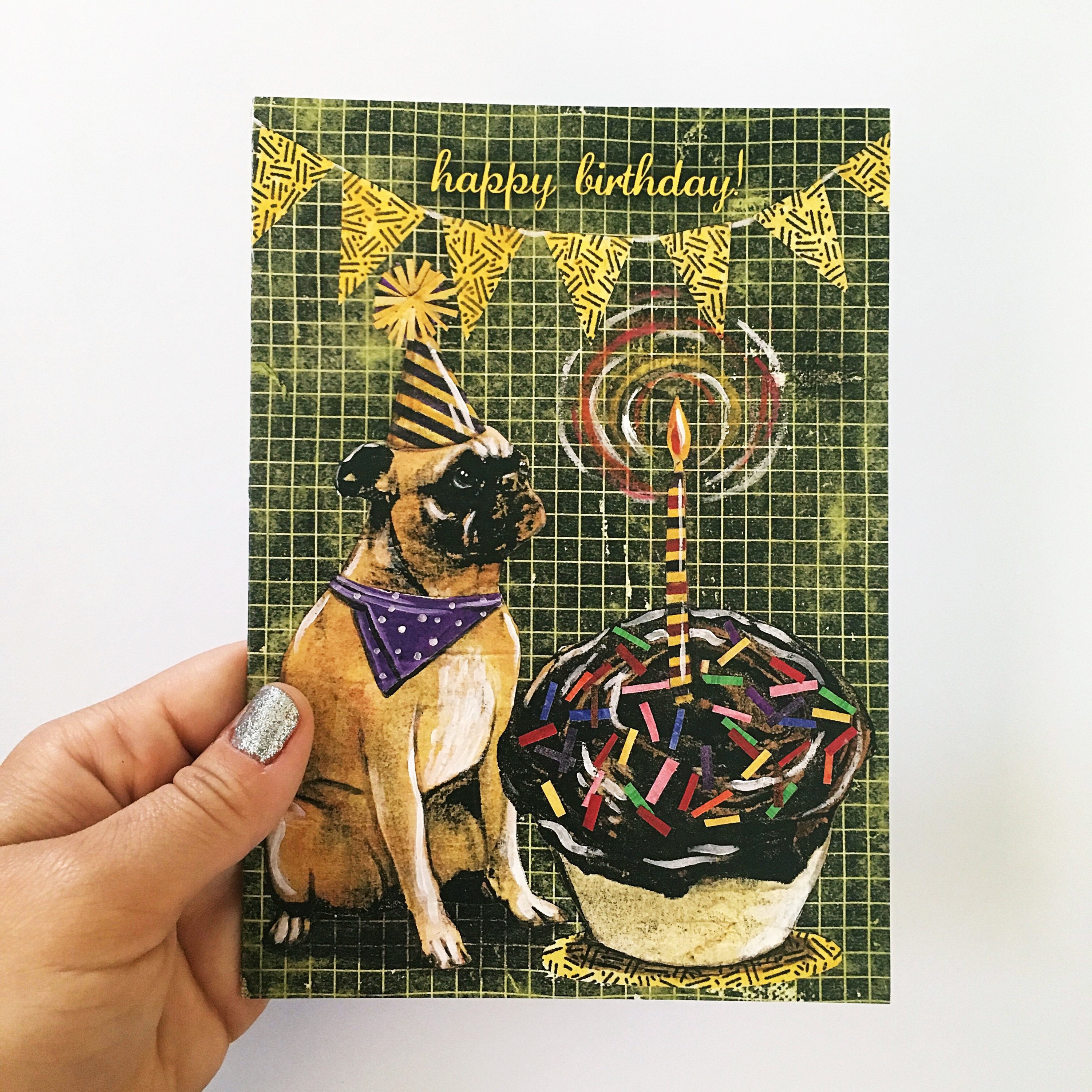 Birthday Pug Card, Cupcake Puggle Happy Birthday!, Retro Collage Dog Rescue, Unique Illustrated Cards Weird Animal Birthday Cake, Funny Bday