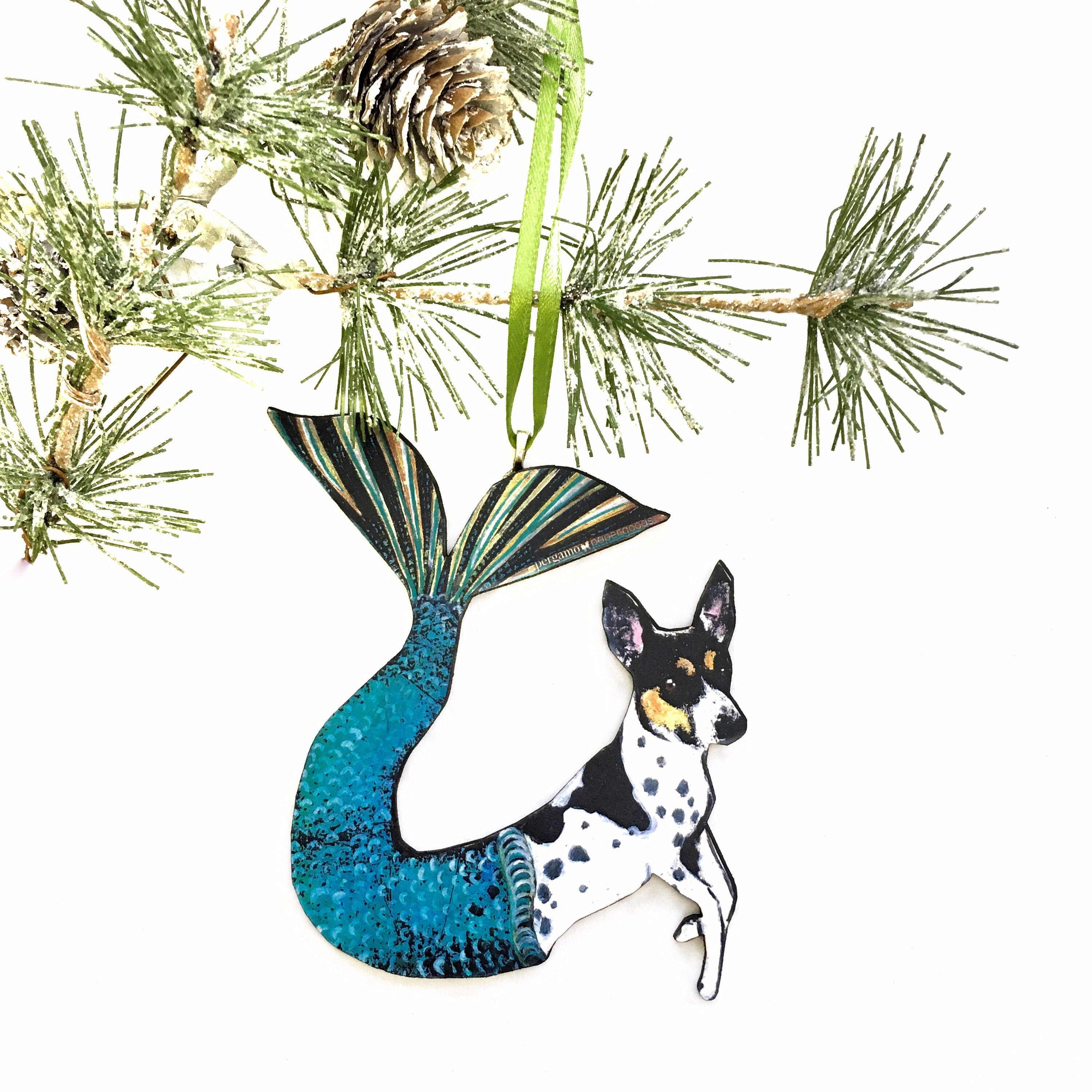 Mermaid Dog Ornament, Wood Illustrated Rat Terrier Christmas Laser Cut Ornament, Dog Mom Gift, Memorial Gifts for Dog Lovers, Wholesale