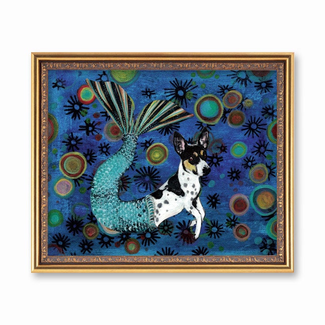 Mermaid Dog Art Print, 8x10 Dogs Wall Art, Mermaid Lover Decor, Weird Art, Beach House Gift, Unique Vintage Collage Rat Terrier Jack Russell - Thumbnail 2