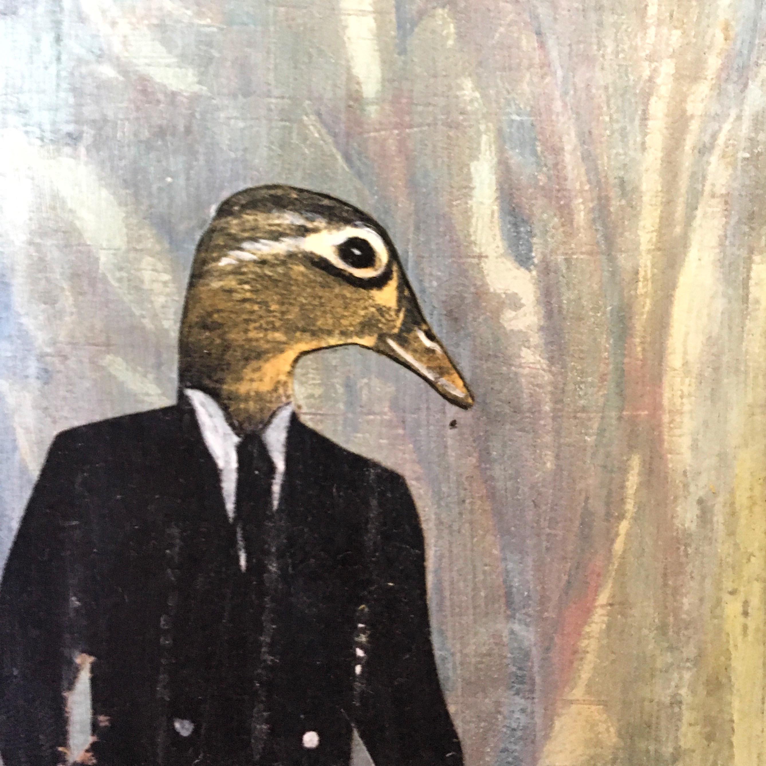 Mini Duck Painting, Vintage Inspired Mixed Media Art, Collage Wall Painting, Original Acrylic Artwork, Weird Animal Lover Gift for Vet - Thumbnail 2