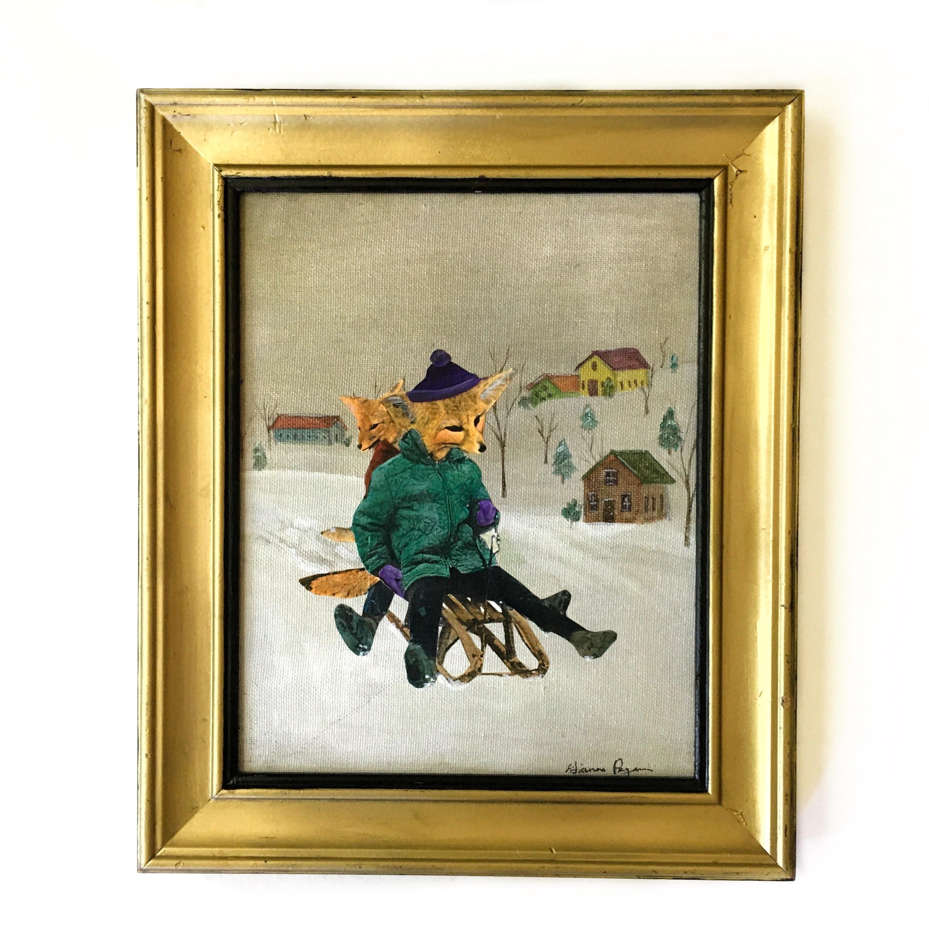 Sled Foxes Art, Vintage Animal Mixed Media Painting, Strange and Unusual Collage, Kitschy Cute Inspired Wall Art, Kitsch Winter Sledding