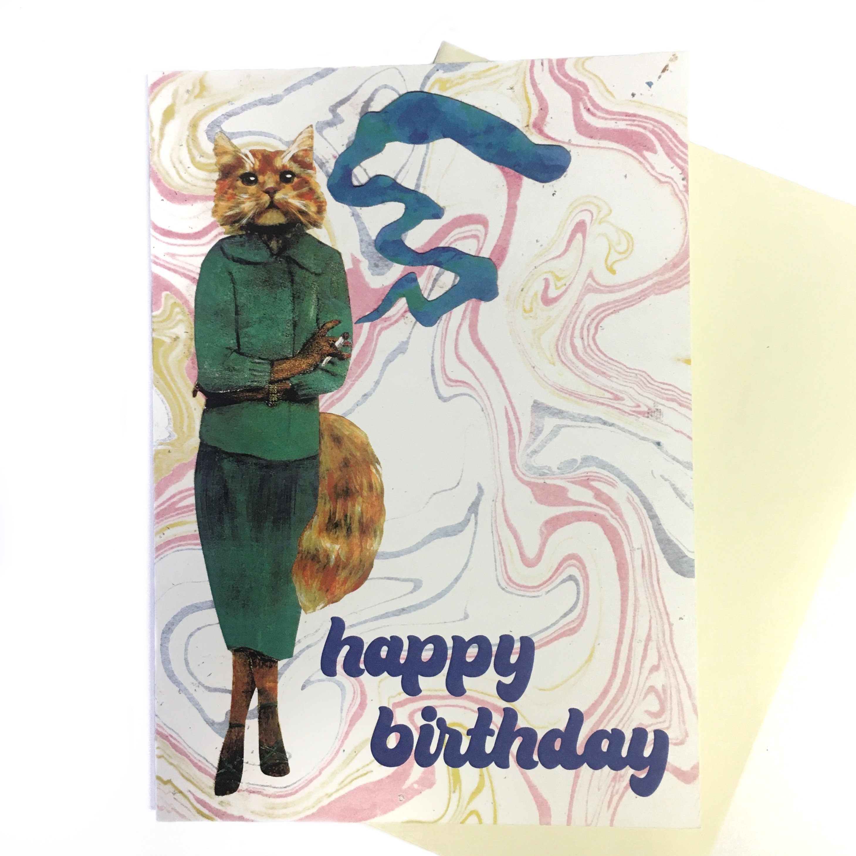 Weird Cat Card, Birthday Cannabis Art, 420 Friendly Marijuana Stationery, Dressed Up Animals, Surreal Vintage Fashion Retro Crazy Cat Lady - Thumbnail 2