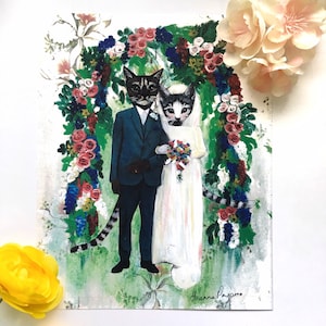 Cat Wedding Art Print, 8&quot;x10&quot; Wedding Gift, 2nd Anniversary Gift, Shabby Chic Cat Lover Gift, Cat Mom, Cat Lady, Calico Cat Engagement Gift