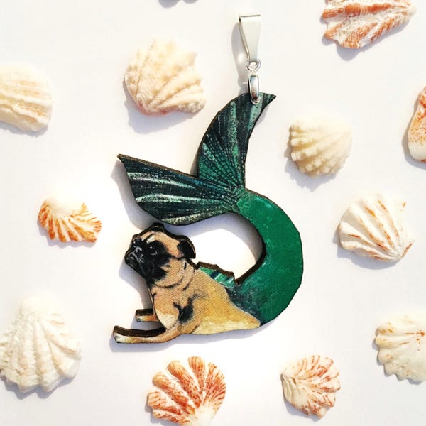 Mermaid Pug Pendant Necklace, Mermaid Pendant, Weird Pug Jewelry, Laser Cut Wood Animals, Illustrated Dog Pendant Guft, Surreal Gifts Dogs