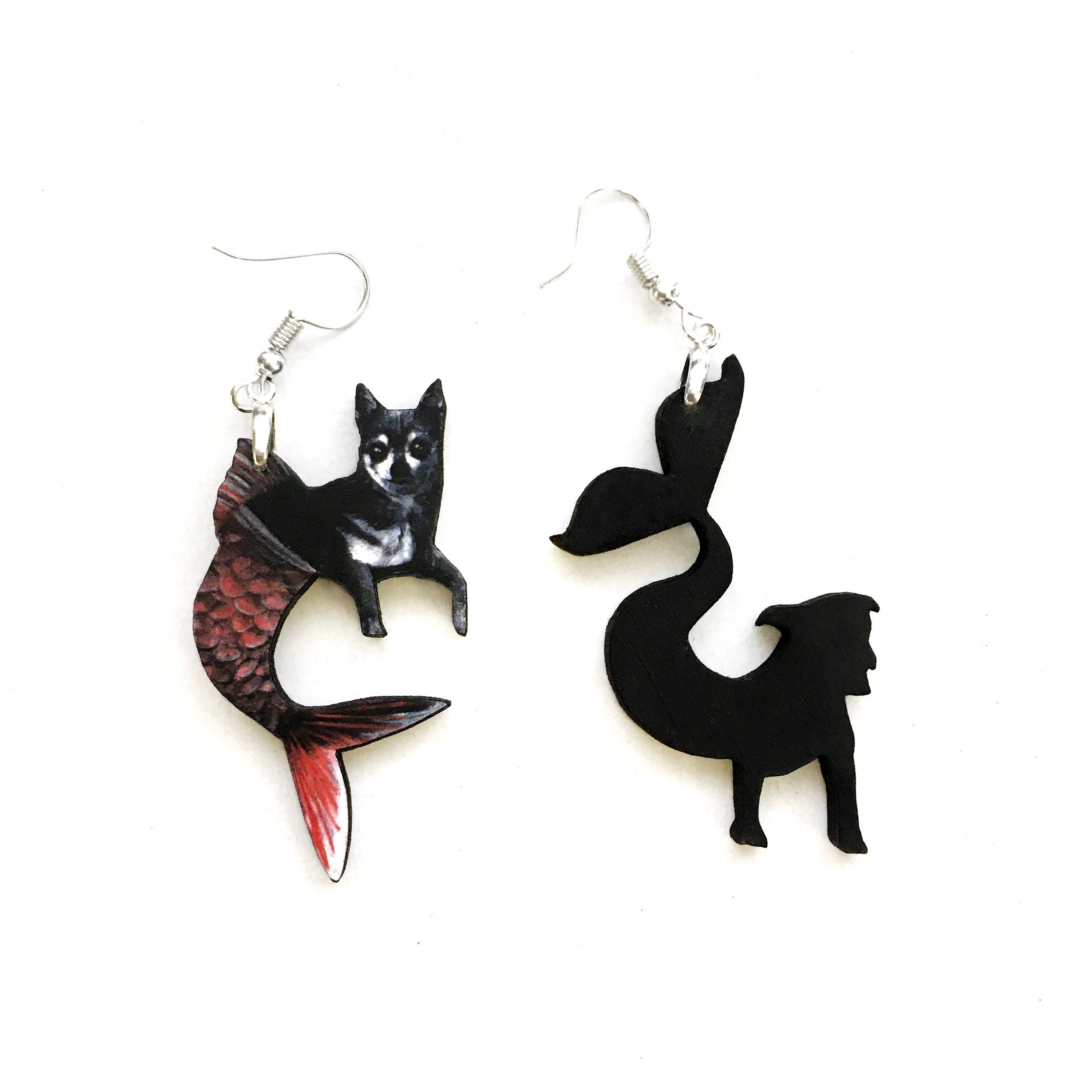 Pitbull Chihuahua Earrings, Mismatched Mermaid Dog Jewelry, Weird Earrings Kitsch Lightweight Dangle Earrings Surreal Illustrated Retro Art - Thumbnail 3