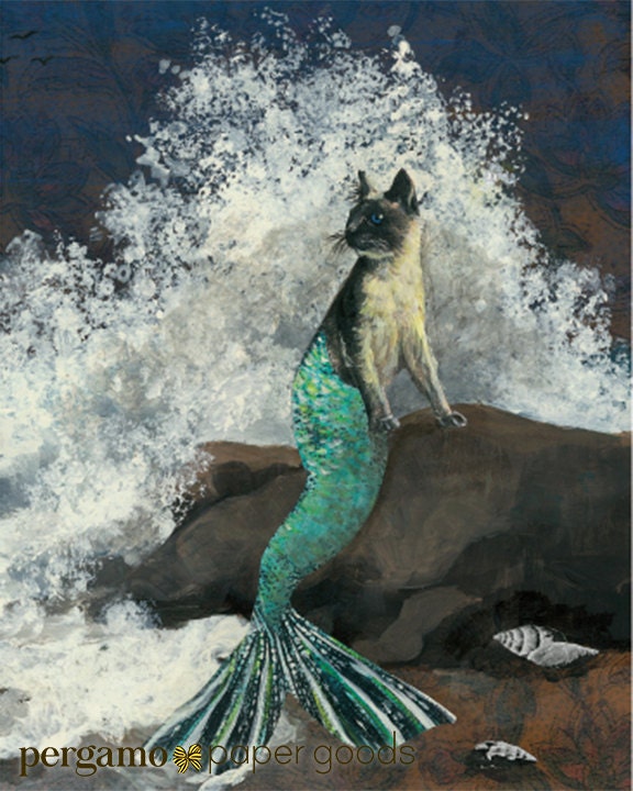 Mermaid Cat Art Print, 8x10" Mer-Cat Illustration, Weird Mermaid Decor, Bathroom Art, Crazy Cat Mom Lady, Beach House Funny Mixed Media - Thumbnail 2