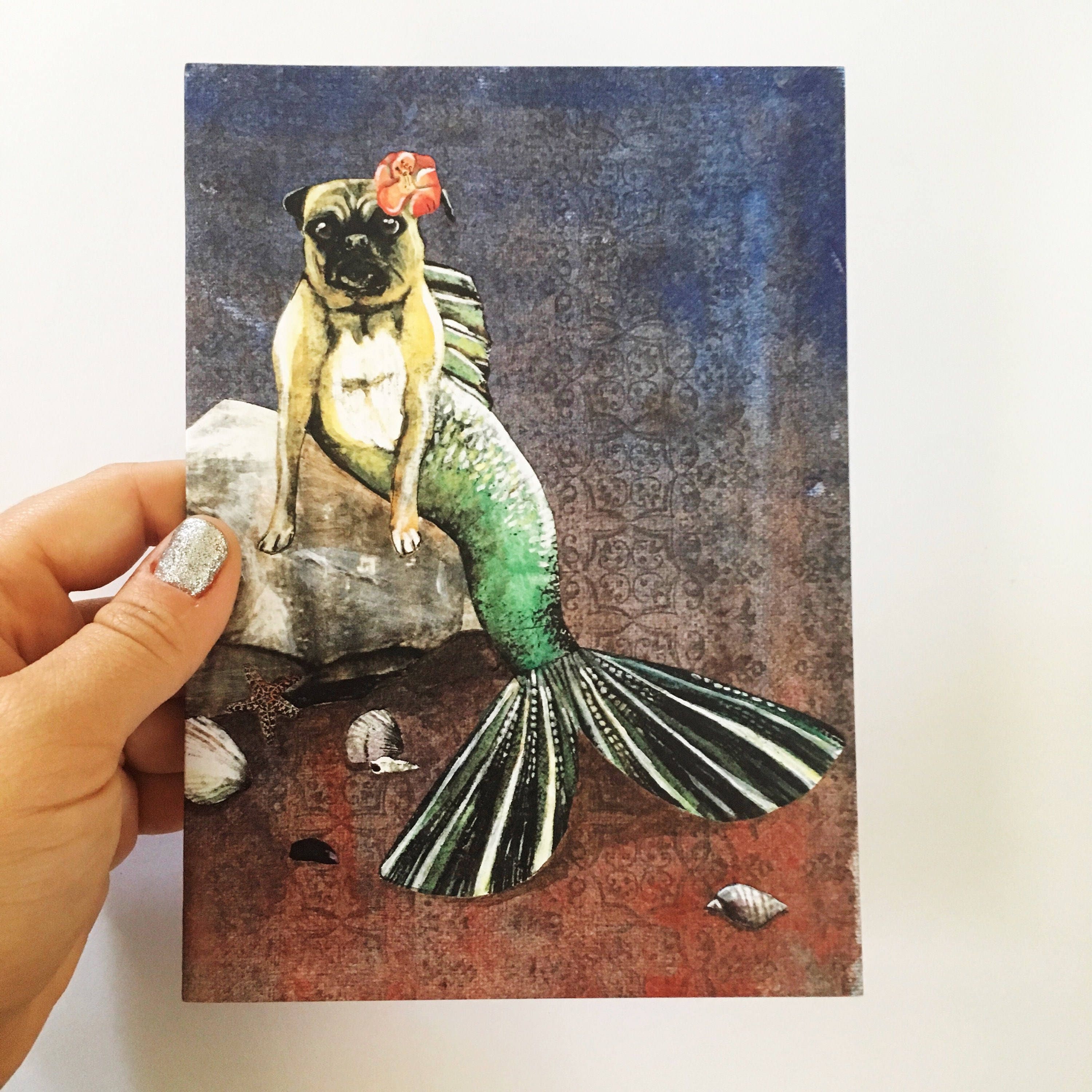 Mermaid Pug Card, Blank Merpug Greeting Cards, Dog Mermaids, Weird Art Gift, Unusual Pug Art, Illustrated Pugs Collage, Under the Sea, Bulk - Thumbnail 3