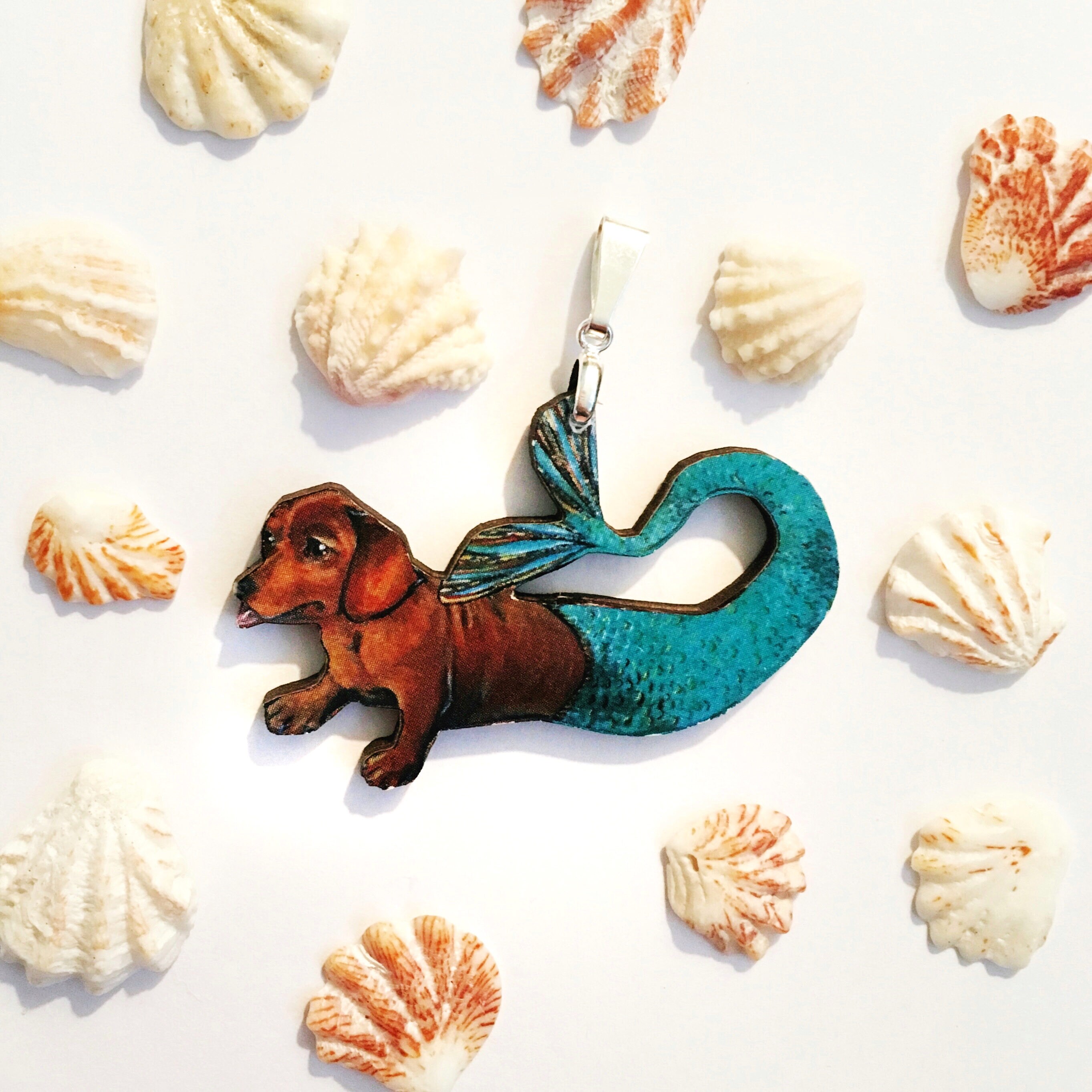 Dachshund Pendant Necklace, Weird Mermaid Dachshund Jewelry, Laser Cut Wood Animal Gift, Illustrated Dog Gifts, Animal Rescue, Pet Memorial
