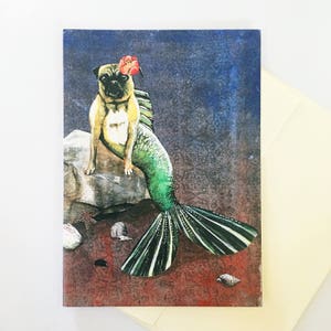 Mermaid Pug Card, Blank Merpug Greeting Cards, Dog Mermaids, Weird Art Gift, Unusual Pug Art, Illustrated Pugs Collage, Under the Sea, Bulk