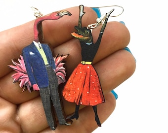 Florida Earrings, Alligator Flamingo Earrings, Laser Cut Wood Tropical Animal Jewelry, Mismatched Weird  Animals, Wholesale Jewelry, Miami