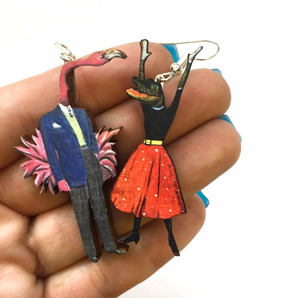 Florida Earrings, Alligator Flamingo Earrings, Laser Cut Wood Tropical Animal Jewelry, Mismatched Weird  Animals, Wholesale Jewelry, Miami