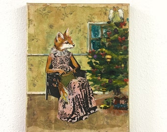Fox Christmas Painting, Original Animal Gift, Collage Wall Art, Mixed Media Animal Art, Vintage Shop Vibes, Weird Art on Canvas