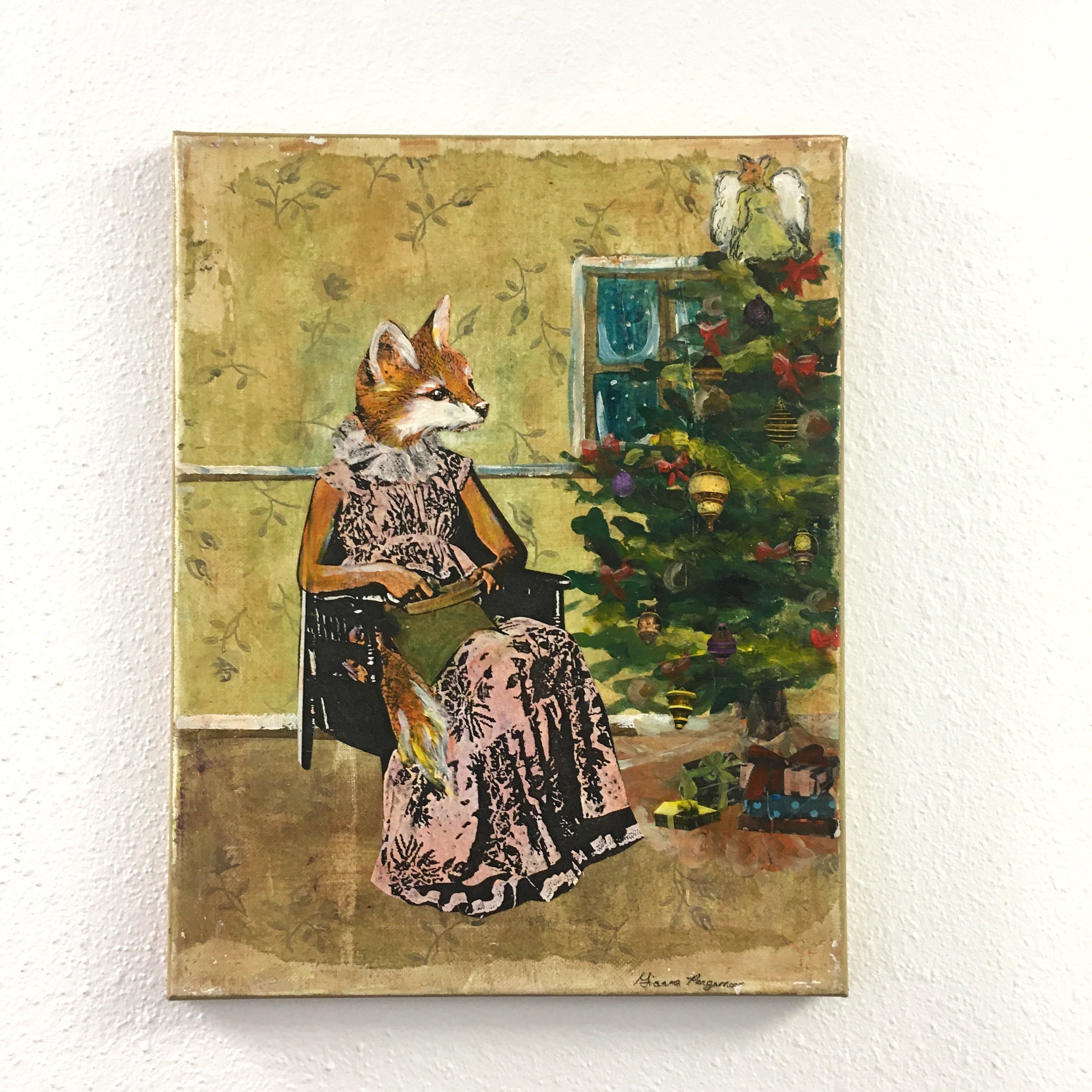 Fox Christmas Painting, Original Animal Gift, Collage Wall Art, Mixed Media Animal Art, Vintage Shop Vibes, Weird Art on Canvas