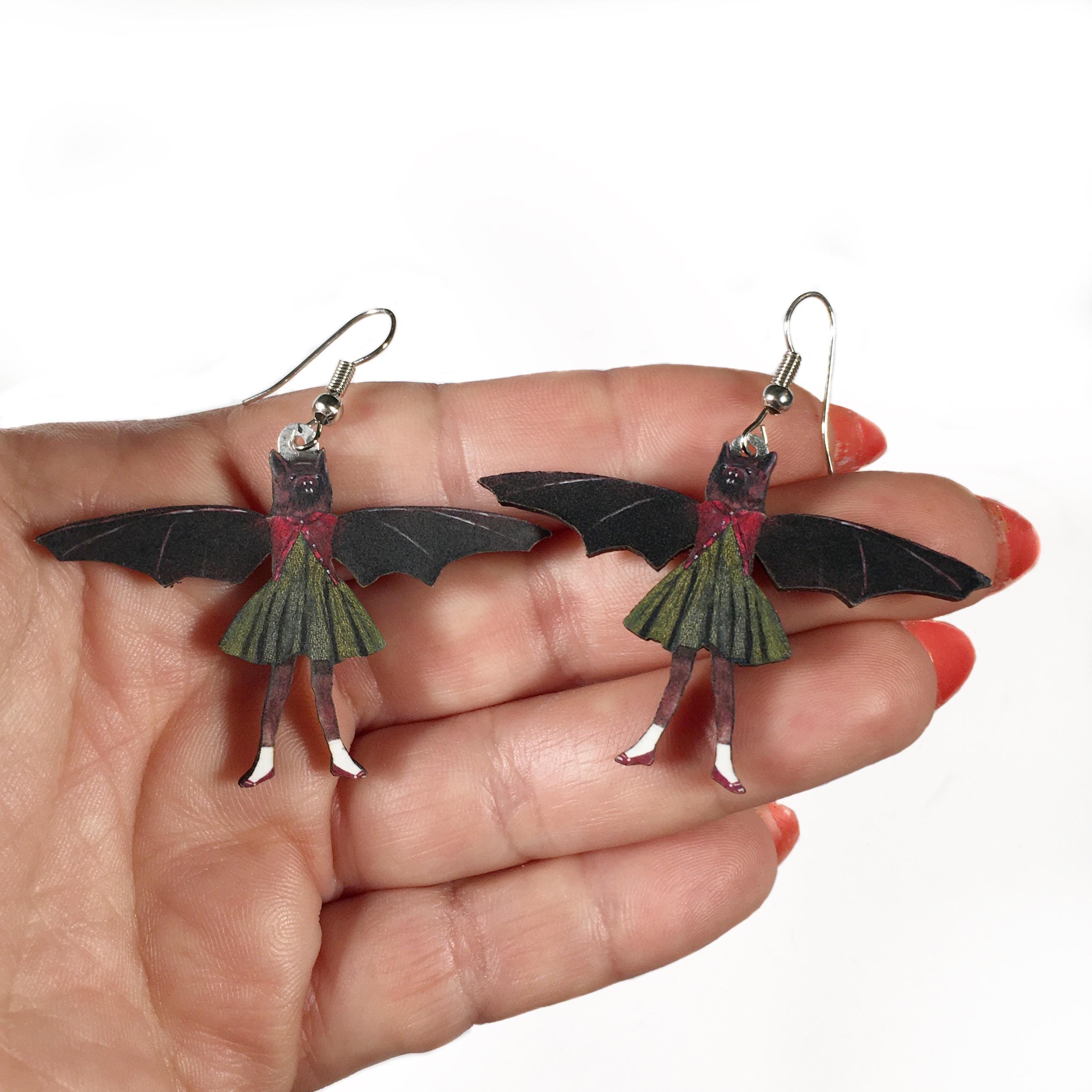 Bat Earrings, Weird Lightweight Wood Jewelry, Surgical Steel Dangle Clip On Illustrated Dressed Up Bat, Goth Earrings - Thumbnail 3