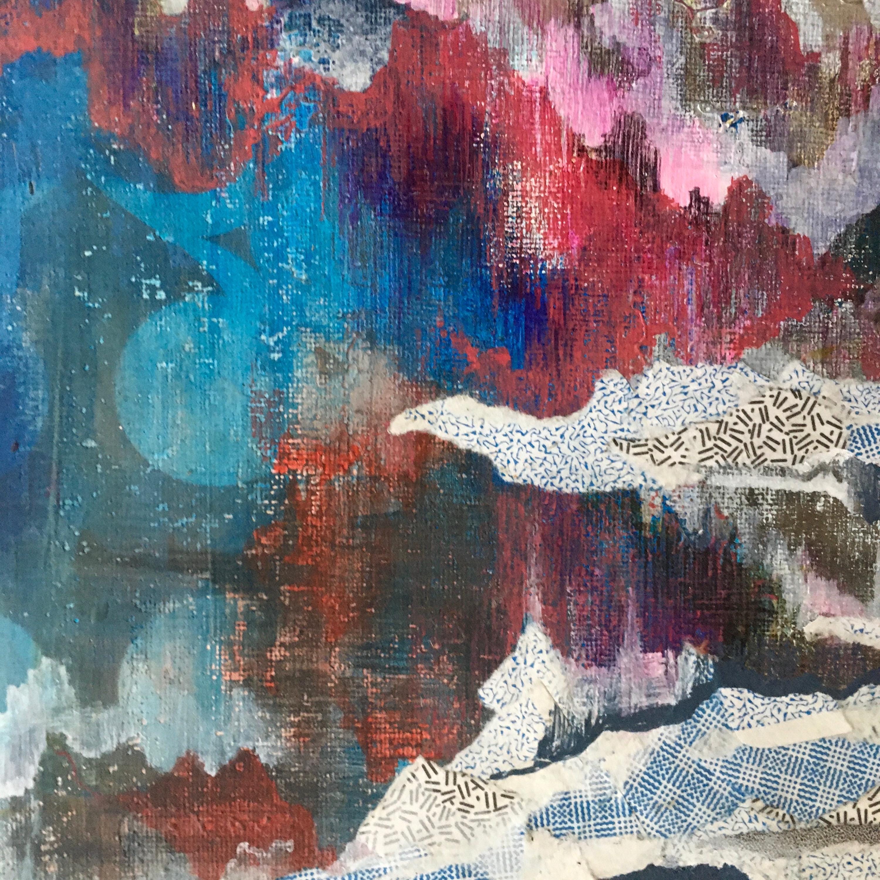 Clouds Abstract Art, Mountain Landscape Cave Inspired Colorful Mixed Media Art, Collage Wall Painting, Original Acrylic Wall Art Red - Thumbnail 3