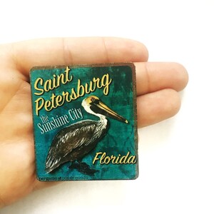 Saint Petersburg Magnet, St Pete Souvenir Refrigerator Magnets Fridge, Florida Magnet Laser Cut Wood Brown Pelican Tampa Bay Wholesale FL