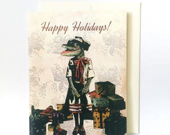 Alligator Holiday Card or Holiday Card Set, Vintage Christmas Holiday Party, Florida Christmas Card, Weird Holiday Stationery Set, Crocodile