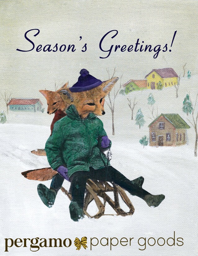 Holiday Fox Card Set, Seasons Greetings Sledding Foxes, Vintage Christmas Card, Animals Stationery Set, Weird Holiday Party Cards, Wholesale - Thumbnail 2