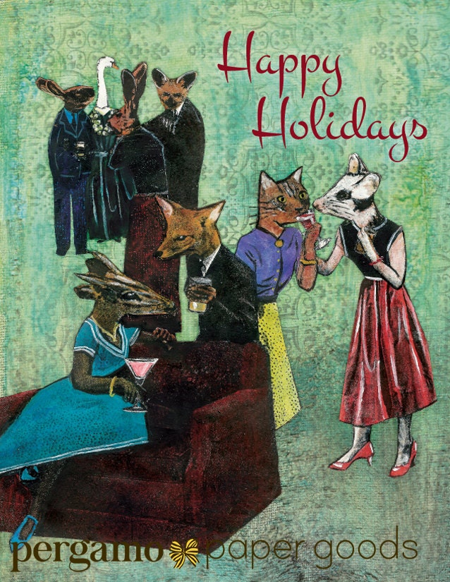 Holiday Party Card or Card Set, Weird Christmas Animals, Vintage Christmas Weird Holiday Stationery Set, Fancy Rescue Animal Wholesale Cards - Thumbnail 3