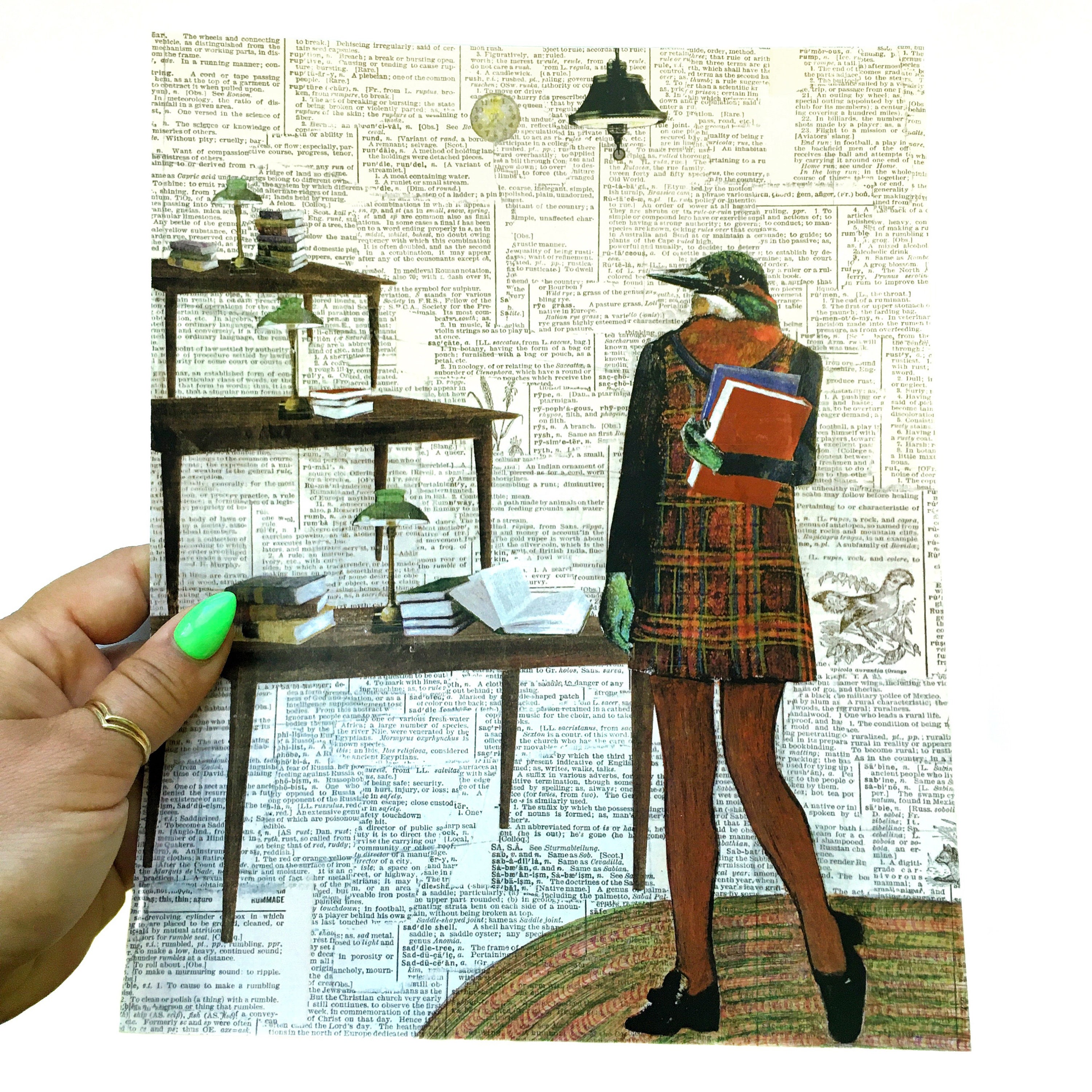 Vintage Bird Art Print, Kitschy Retro Fashion Housewarming Gift, Weird Art, Kitsch Decor Gifts, Collage Illustration for Library, Librarian - Thumbnail 2