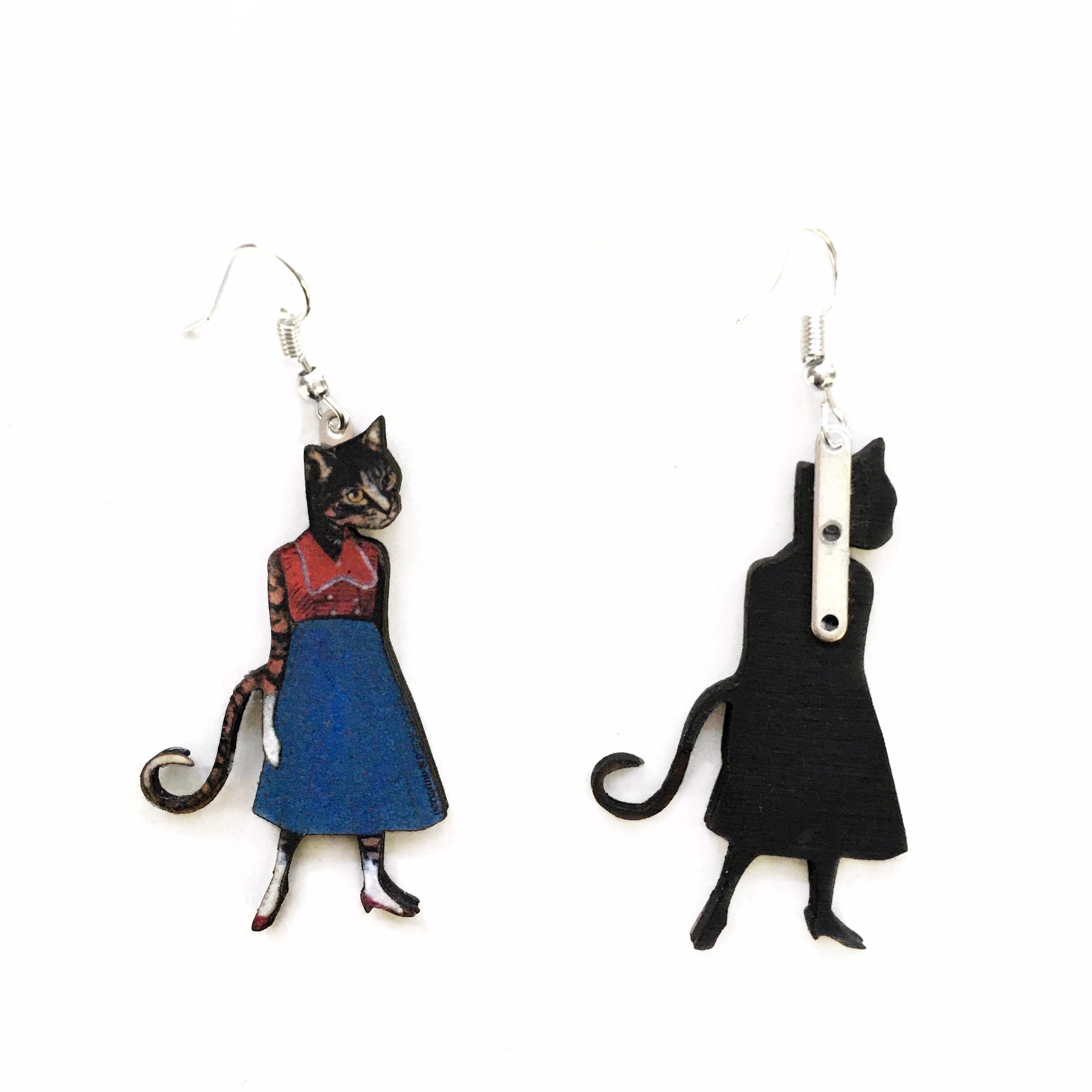 Retro Cat Earrings, Cat Lover Jewelry, Weird Earrings Kitty Dangle Earrings, Illustrated Dressed Up Cats Clip On Ons - Thumbnail 4