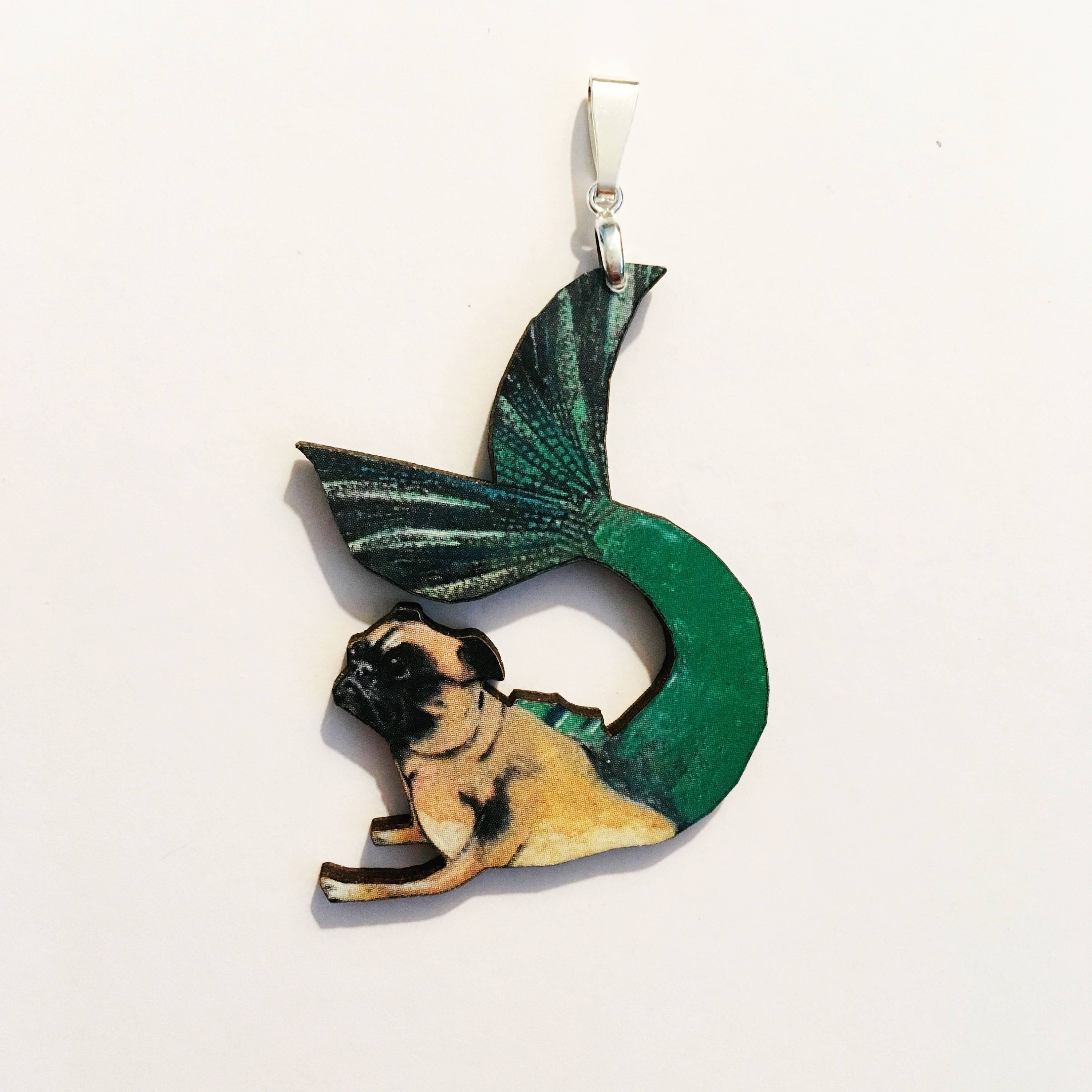 Mermaid Pug Pendant Necklace, Mermaid Pendant, Weird Pug Jewelry, Laser Cut Wood Animals, Illustrated Dog Pendant Guft, Surreal Gifts Dogs - Thumbnail 3