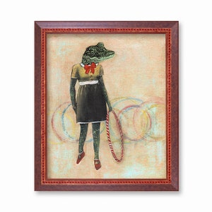 Florida Alligator Art Print, 8x10 Hula Hoop Reptile Wall Decor, FL Gifts Retro Animal Weird Art, Mixed Media Signed, Vintage Crocodile Gift