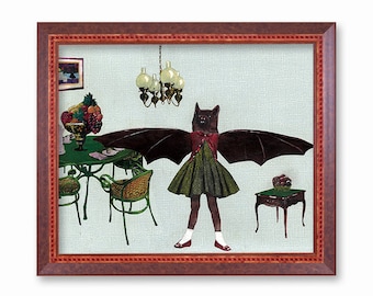 Bat Art Print, Halloween Art, Retro Housewarming Gift, Weird Art, Vintage Halloween Decor Gifts, Collage for Animal Lovers Goblincore Poster