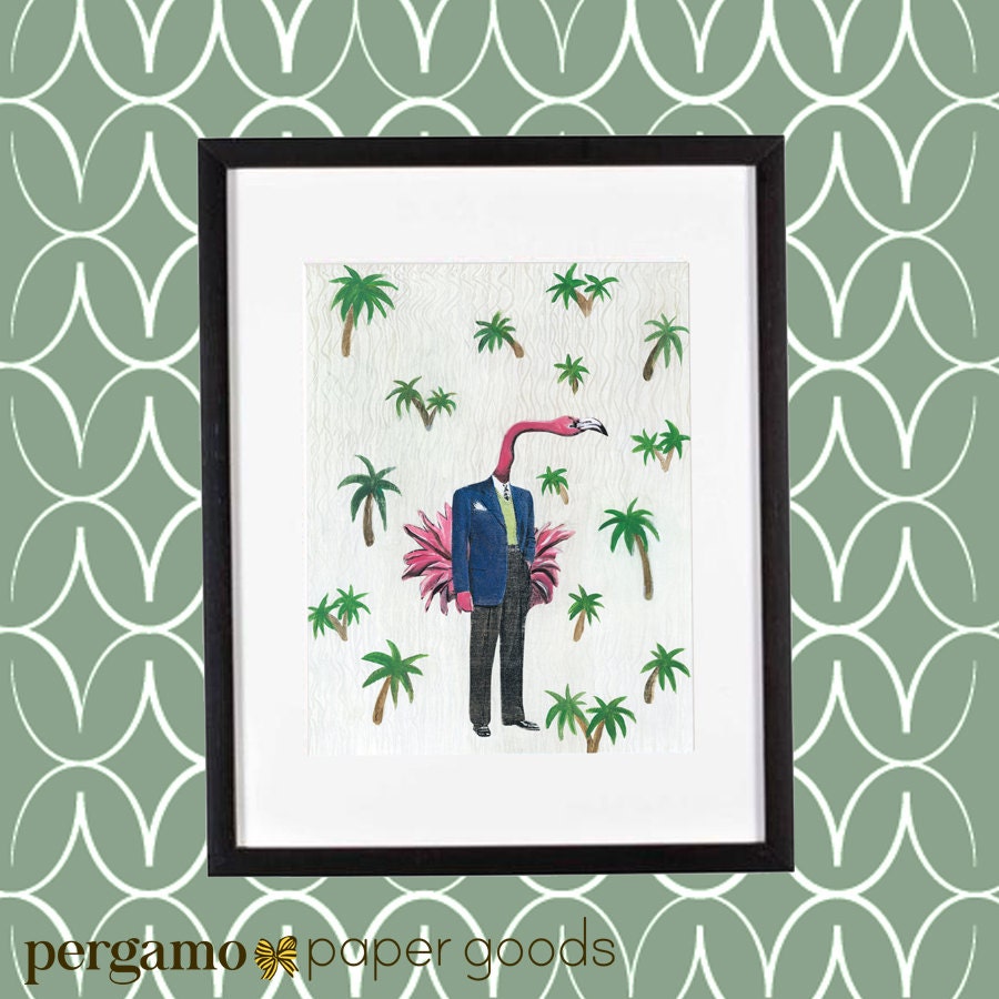 Flamingo Art Print, 8x10 Wall Art for Men, Florida Bird Lover Decor, Beach House, Vintage Animal Mixed Media Collage, Weird Art Unique Retro - Thumbnail 2