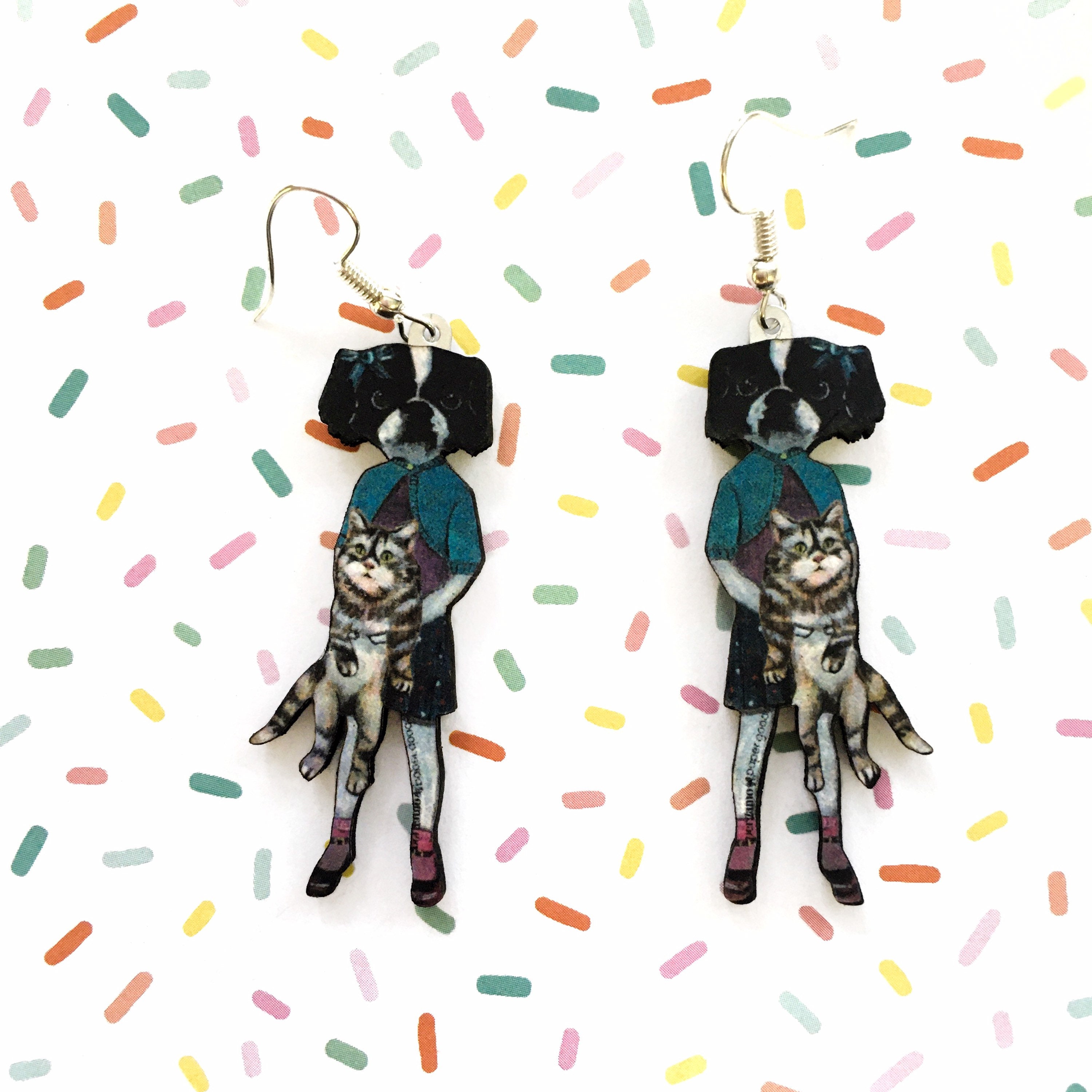Quirky Earrings, Weird Art, Unusual Dog Earrings, Surreal Japanese Chin Gift, Illustrated Dressed Up Animal Jewelry Laser Cut Wood Gifts