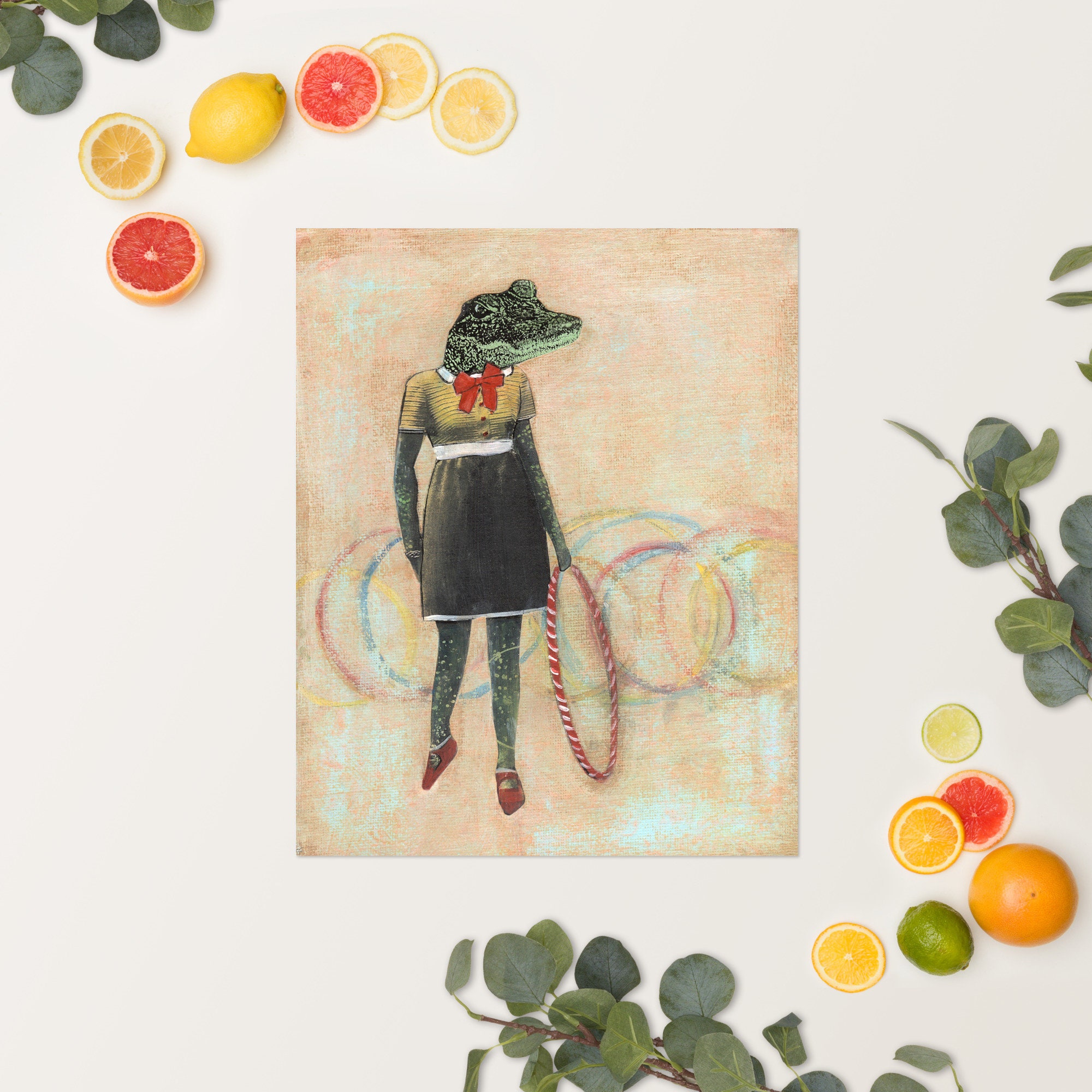 16x20 Florida Alligator Art Print, Hula Hoop Reptile Wall Decor, FL Gifts Retro Animal Weird Art, Mixed Media Poster, Vintage Crocodile Gift - Thumbnail 4