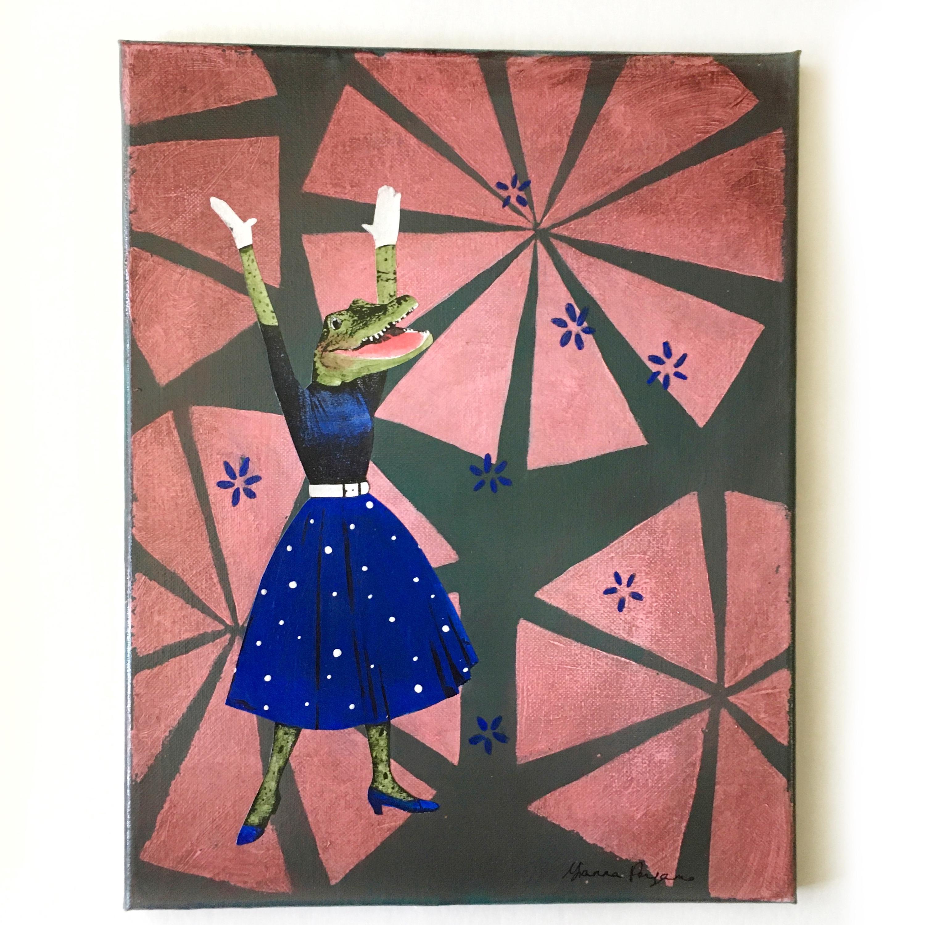 Retro Alligator Painting, Vintage Inspired Mixed Media Art, Collage Wall Painting, Original Acrylic Wall Art, Weird Animal Lover Gift Blue - Thumbnail 2