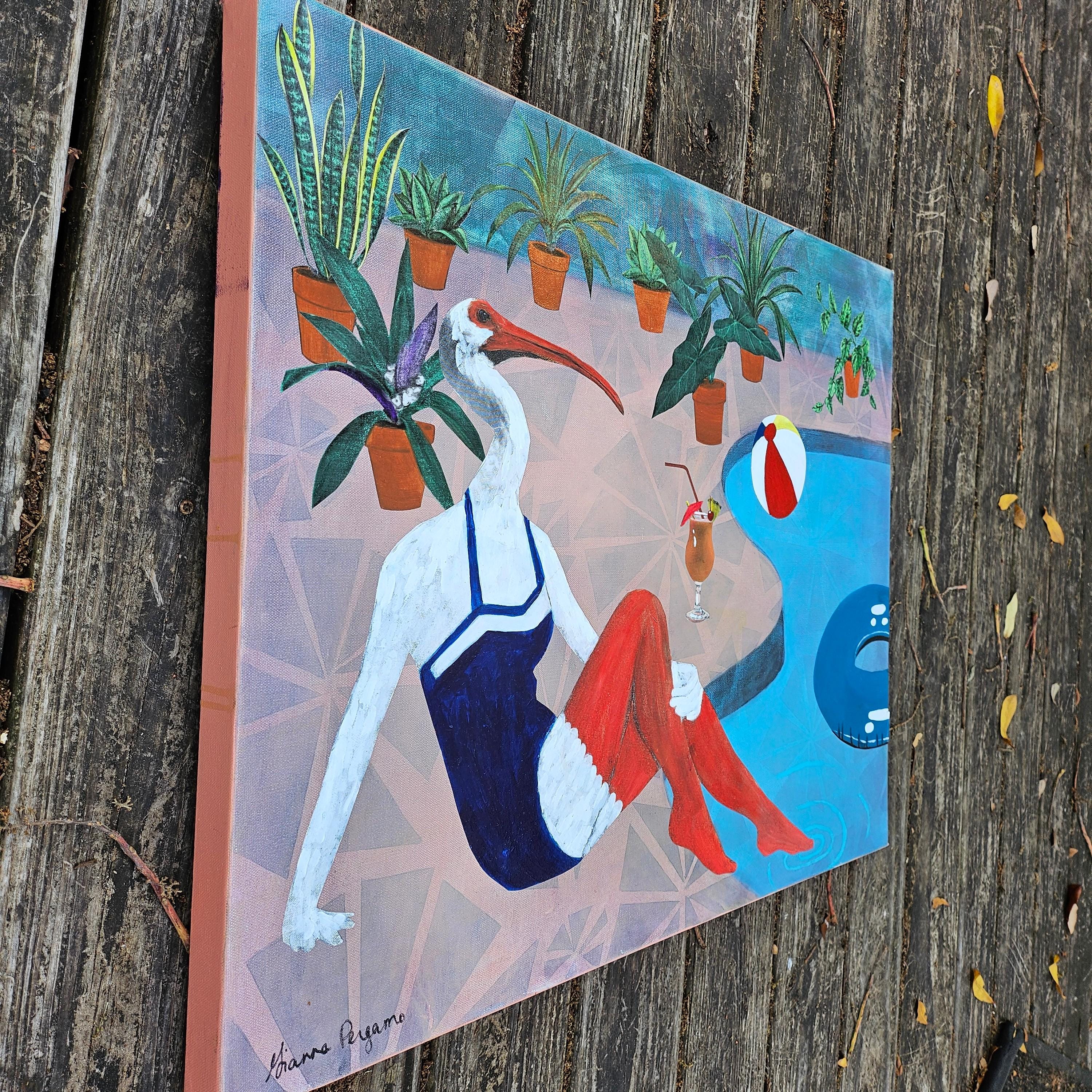 Ibis Painting, Original Animal Gift, Collage Wall Art, Mixed Media Animal Art, Vintage Florida, Weird Art on Canvas - Thumbnail 2