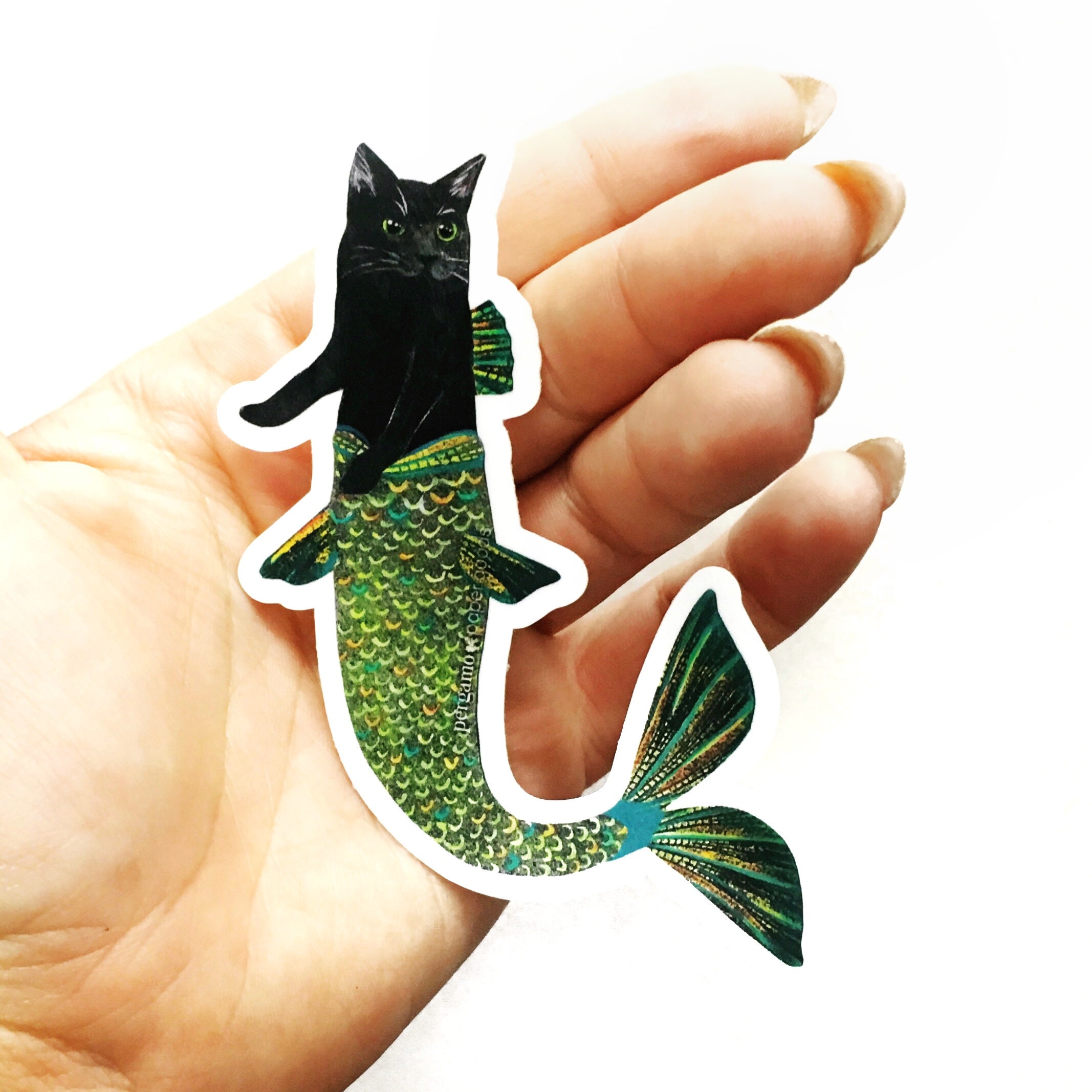 Black Cat Mermaid Sticker, High Quality Stickers Laptop, Best Cat Vinyl Decals, Durable Mermaid Cat Stocking Stuffer, Surreal Phone Macbook